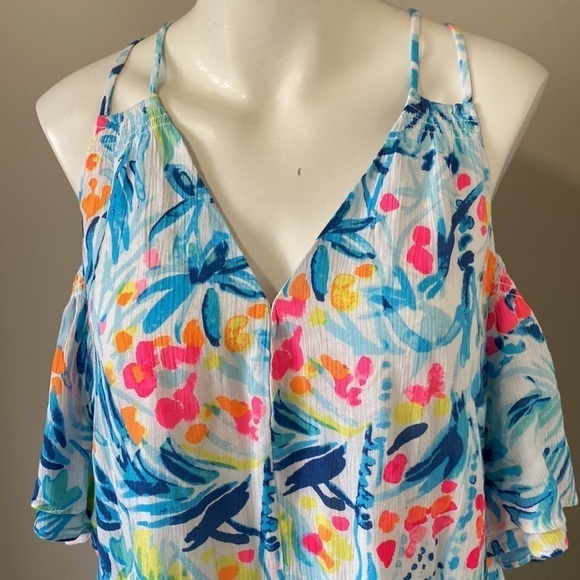 Lilly Pulitzer Bellamie Dress Serene Blue Tippy Top Sunny Shoulder Flowy Size XS - Picture 5 of 11